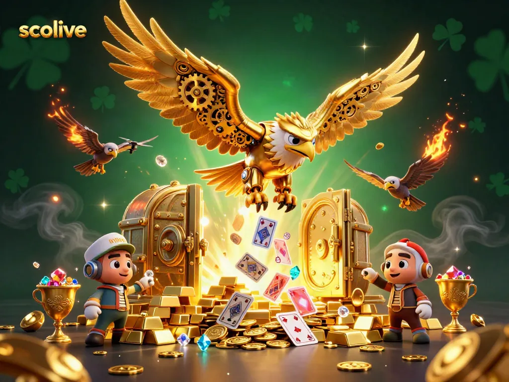Socolive features a cybernetic golden eagle surrounded by dazzling gambling elements in a vibrant 3D scene
