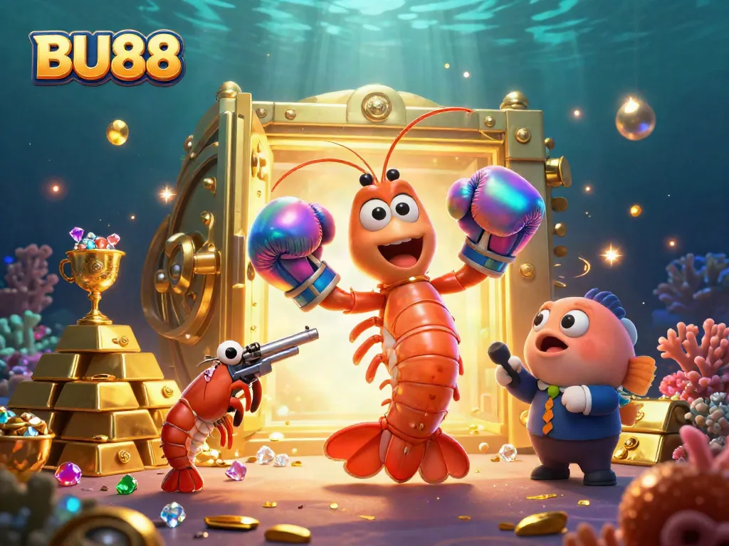 Engage with BU88's dynamic underwater casino world featuring vibrant characters and treasures.
