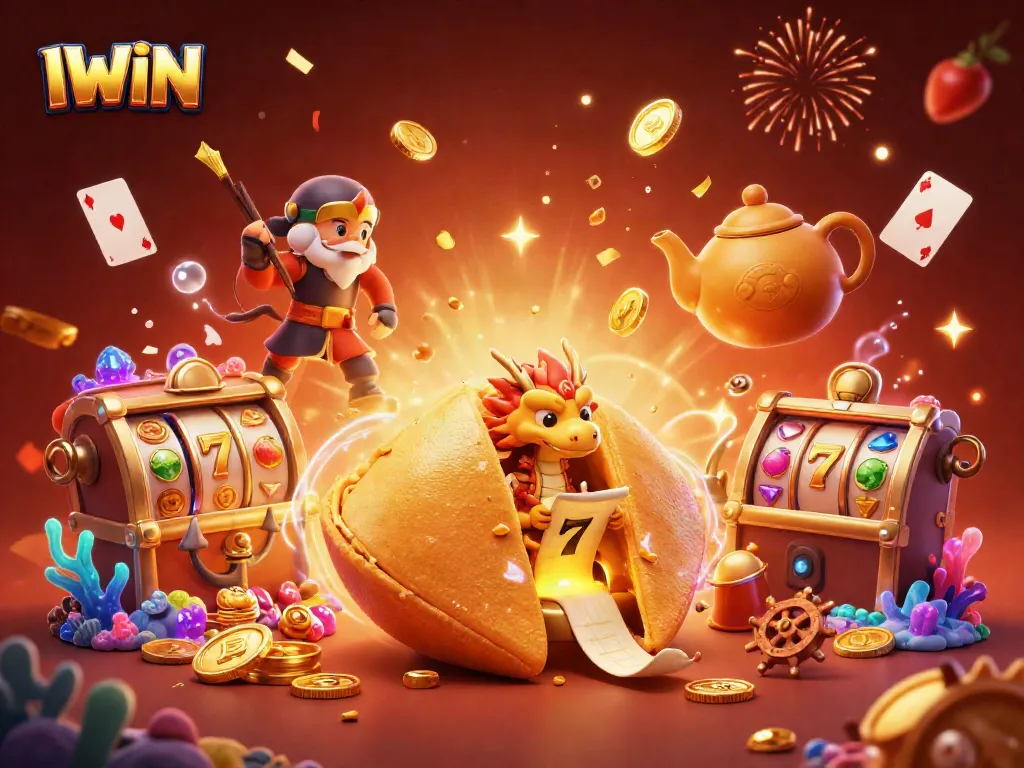IWIN casino players enjoying a vibrant scene with golden treasures, slot reels, and festive confetti.