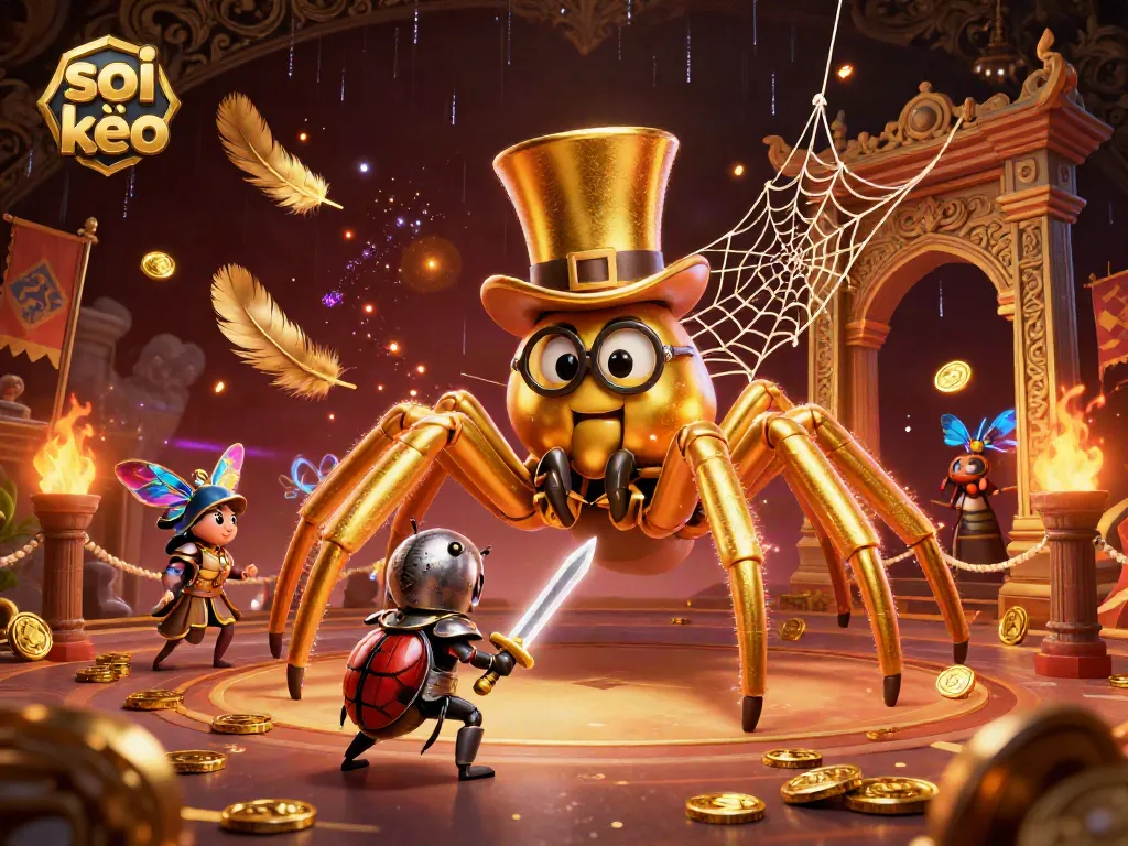 Engaging soi kèo scene with a giant golden tarantula and beetle knight in a dynamic casino setting.