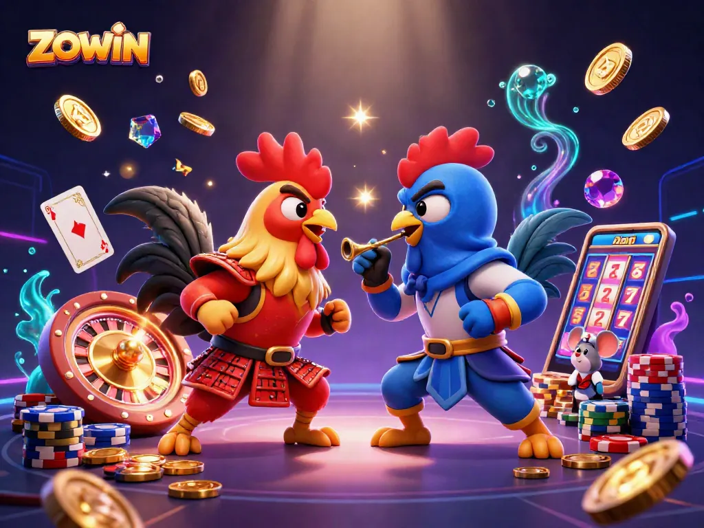 ZOWIN features an epic casino showdown with fighting roosters and dynamic gaming elements.