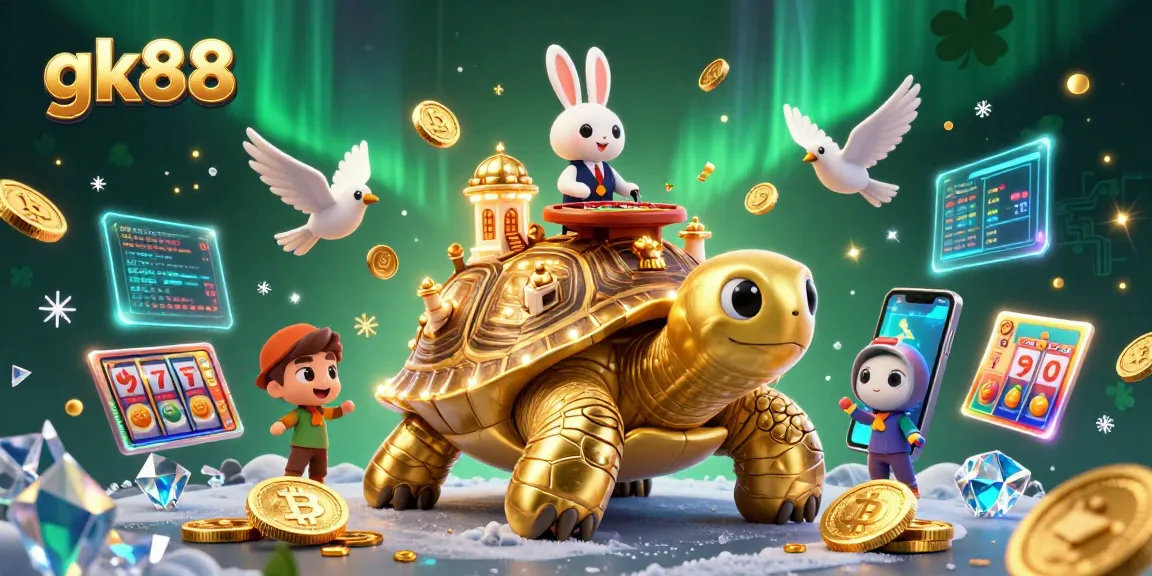 Experience thrilling gameplay at gk88's vibrant casino scene, featuring a golden tortoise and rabbit dealer.