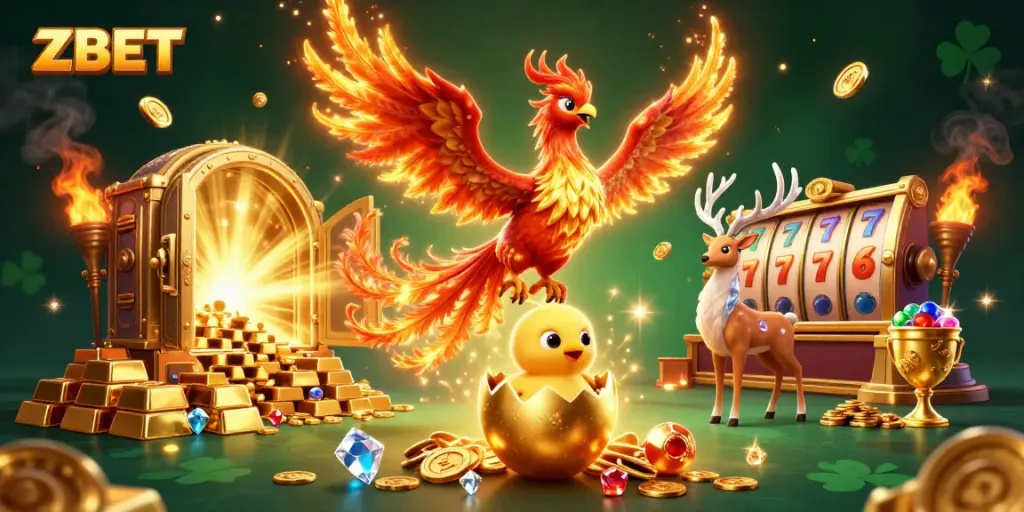 ZBET showcases a vibrant gambling experience with a phoenix and riches in a lively casino scene.