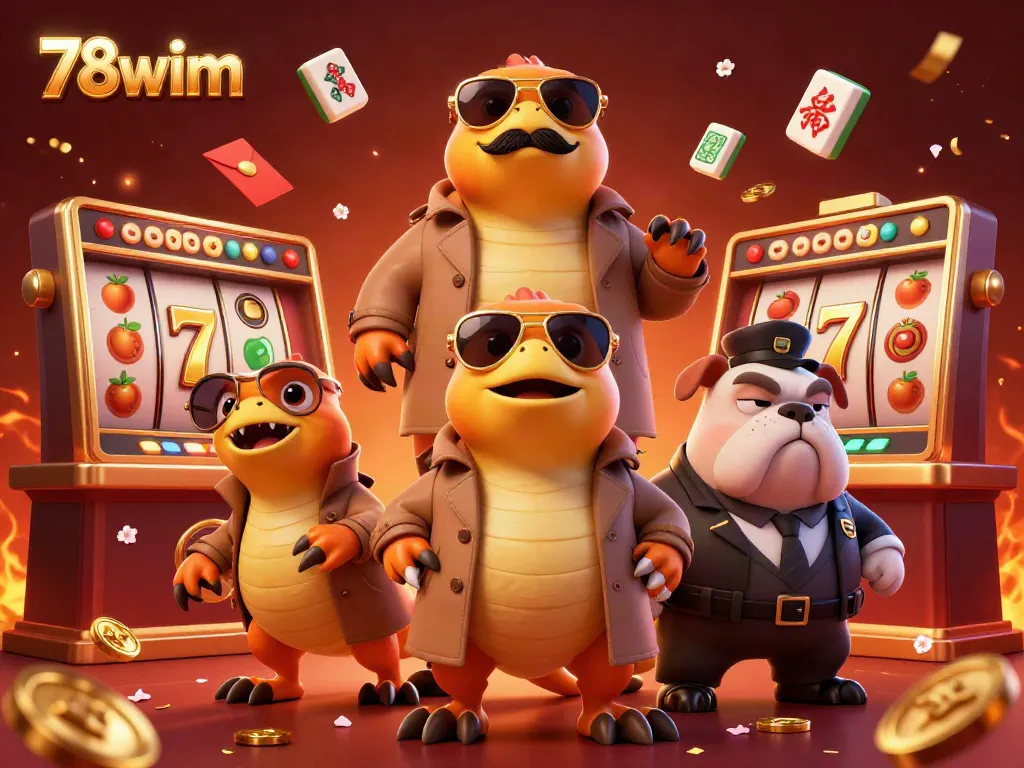 Experience exciting 78wim casino action with raptors entering a VIP lounge, surrounded by vibrant gaming elements.