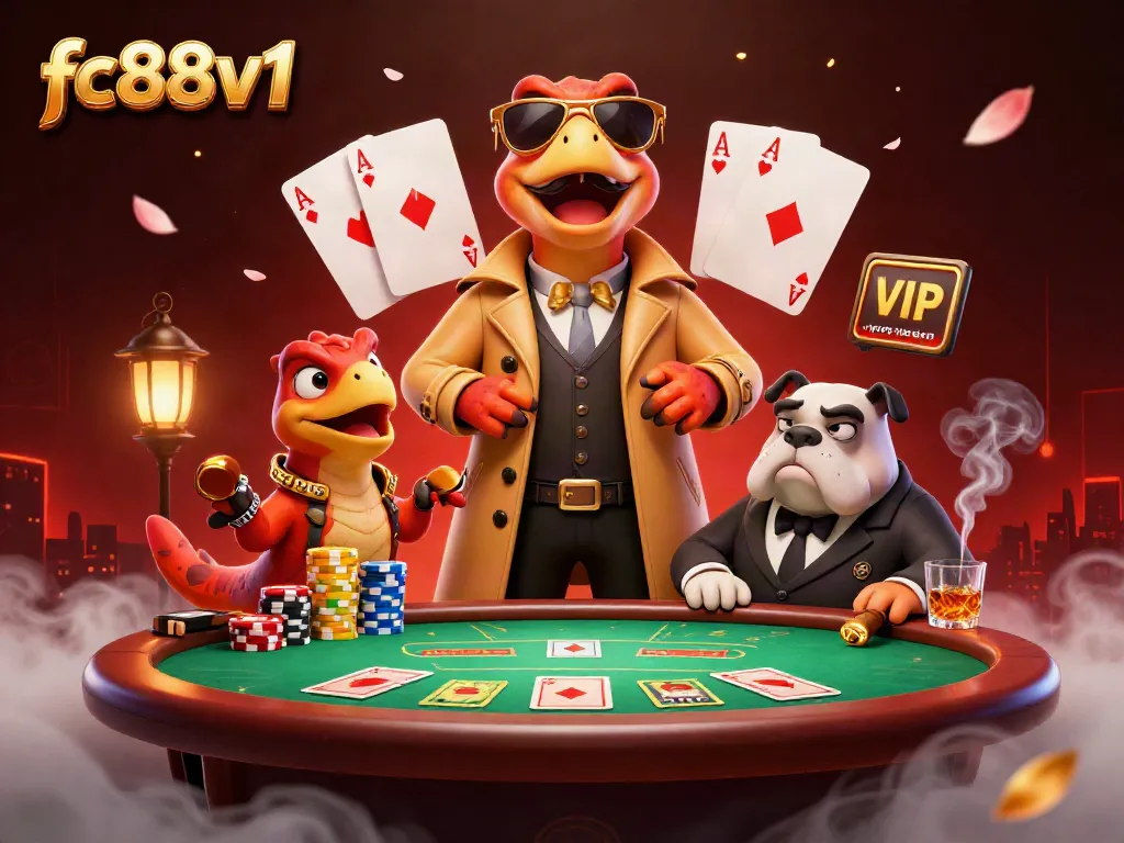 Three raptors in a trench coat entering a VIP lounge at fc88v1 casino, showcasing poker elements.