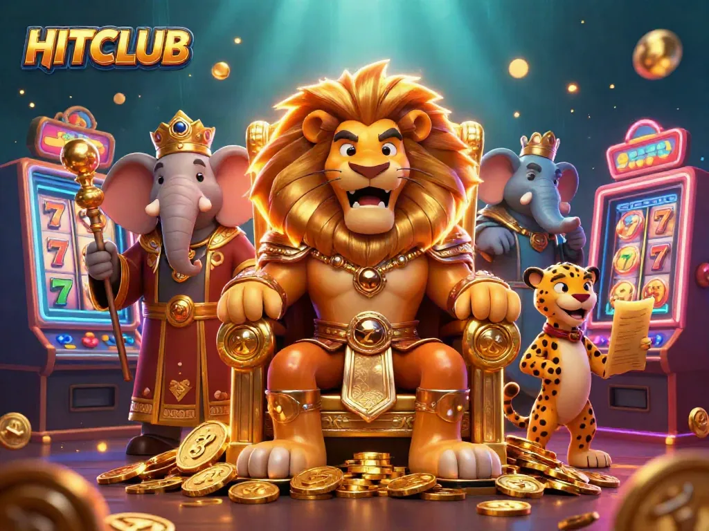 Experience the excitement of HITCLUB with royal lion, wise elephant, and swift cheetah in a vibrant casino setting.