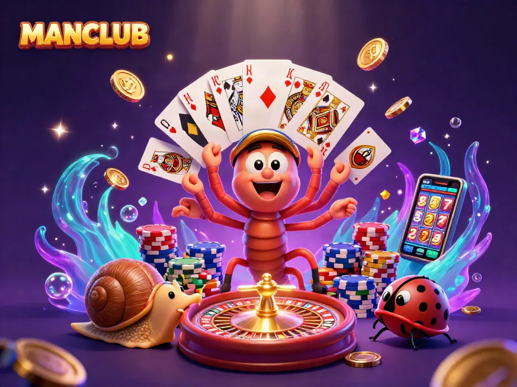 Engage with the thrilling MANCLUB casino experience as vibrant characters deal cards and spin reels.