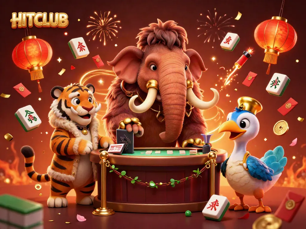 Experience the vibrant HITCLUB casino scene with a woolly mammoth bouncer and VIP guests.