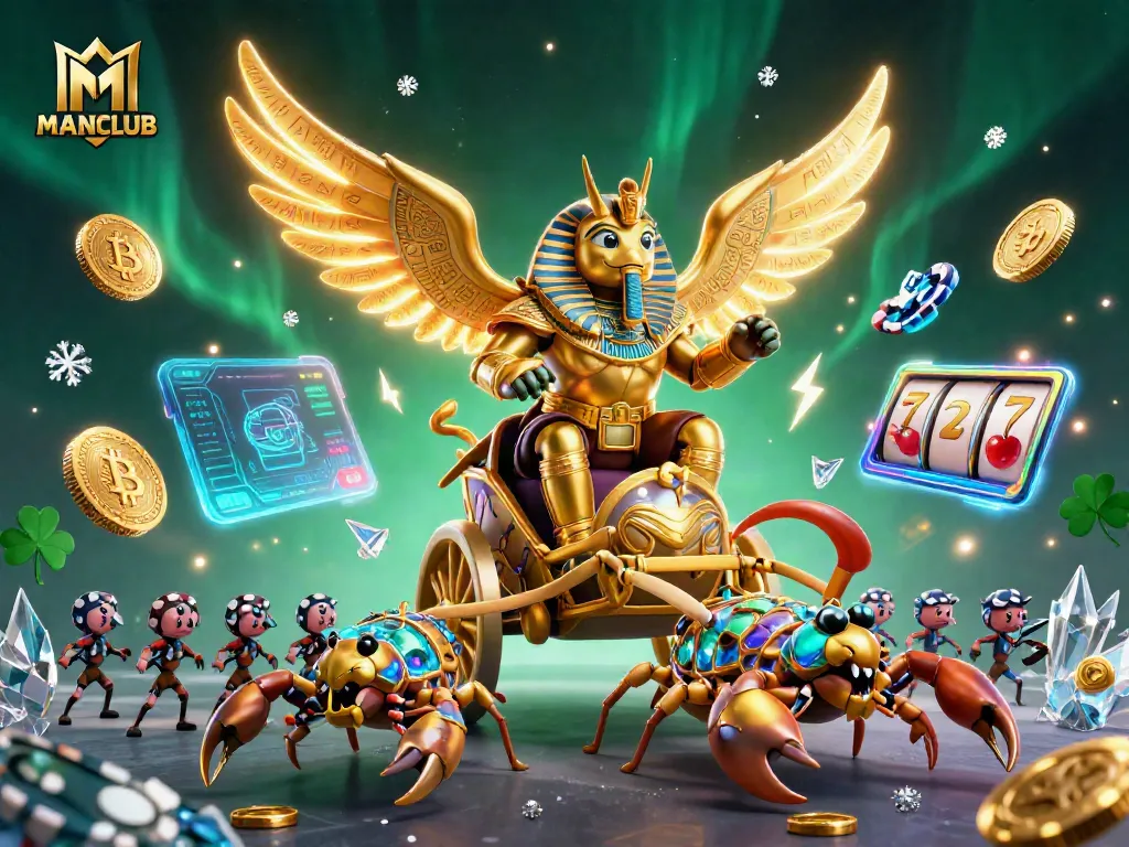MANCLUB showcases an engaging gaming scene with a golden scarab beetle and slot elements, creating excitement.