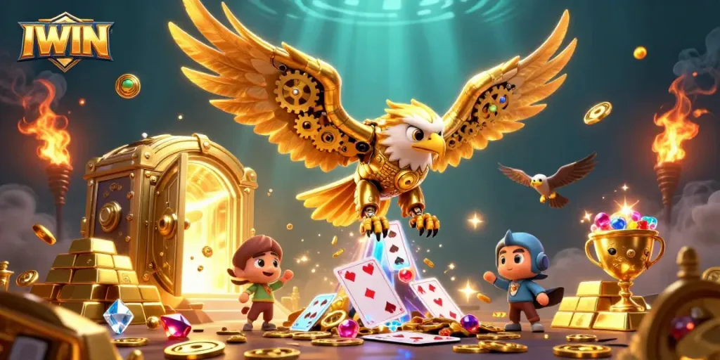 IWIN players winning with a cybernetic eagle amidst glowing treasures and cards in a casino-themed scene