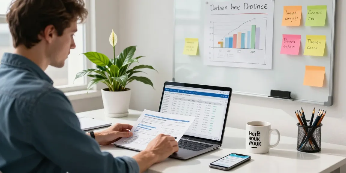 Focused small business owner using accounting software for small business in a bright modern office.