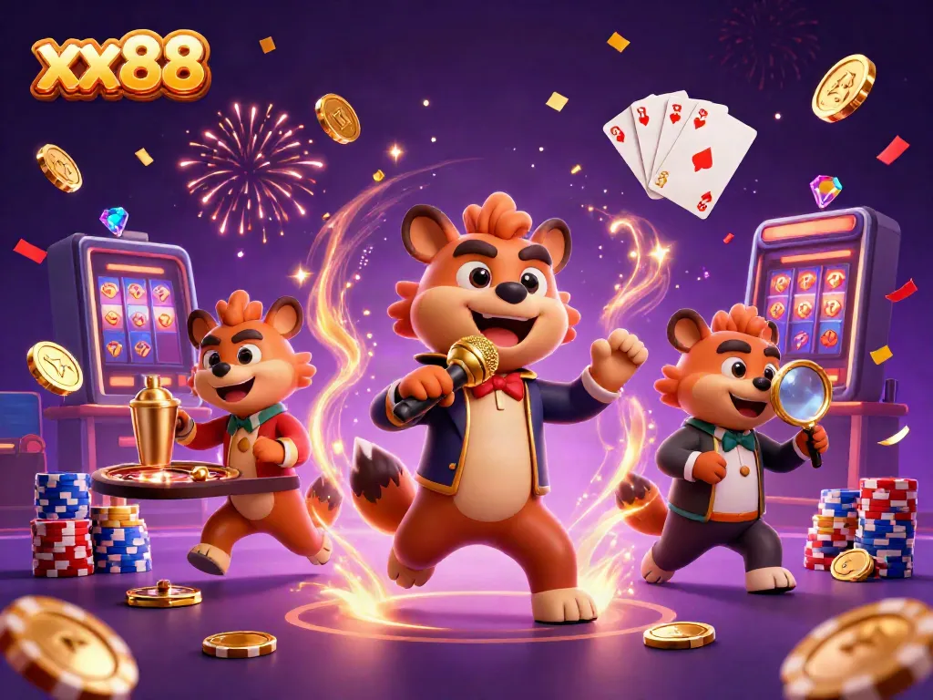 Experience thrilling gaming at xx88 with vibrant casino hyenas enjoying games and laughter.