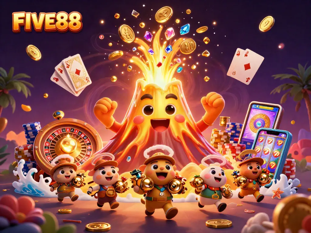 Engage in thrilling gameplay at FIVE88 with golden treasures erupting from a volcano.