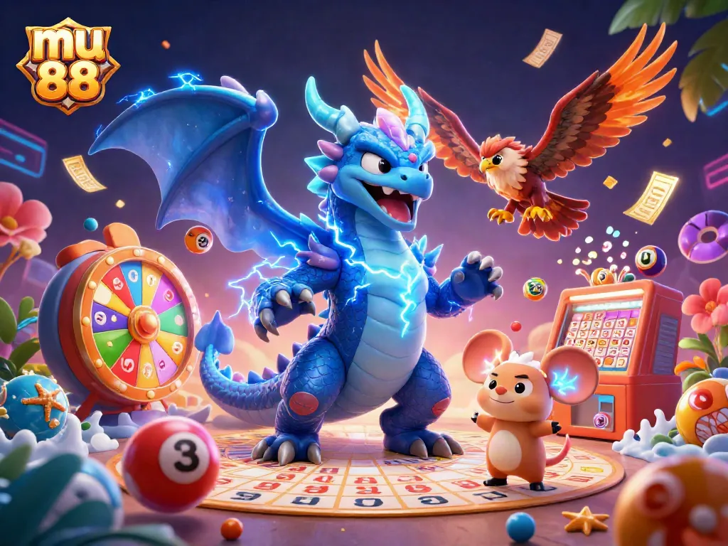 Engage with the exhilarating mu 88 experience featuring vibrant characters, lottery elements, and casino excitement.