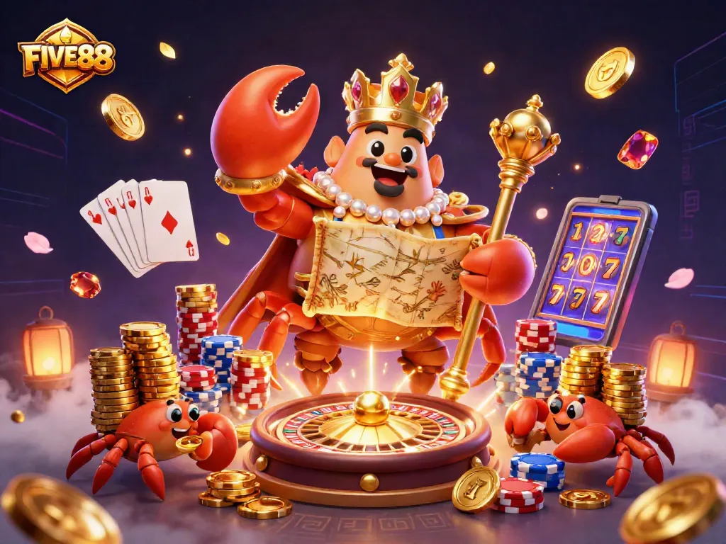 Engage with FIVE88's vibrant casino world featuring a golden crab in a dynamic gaming scene.