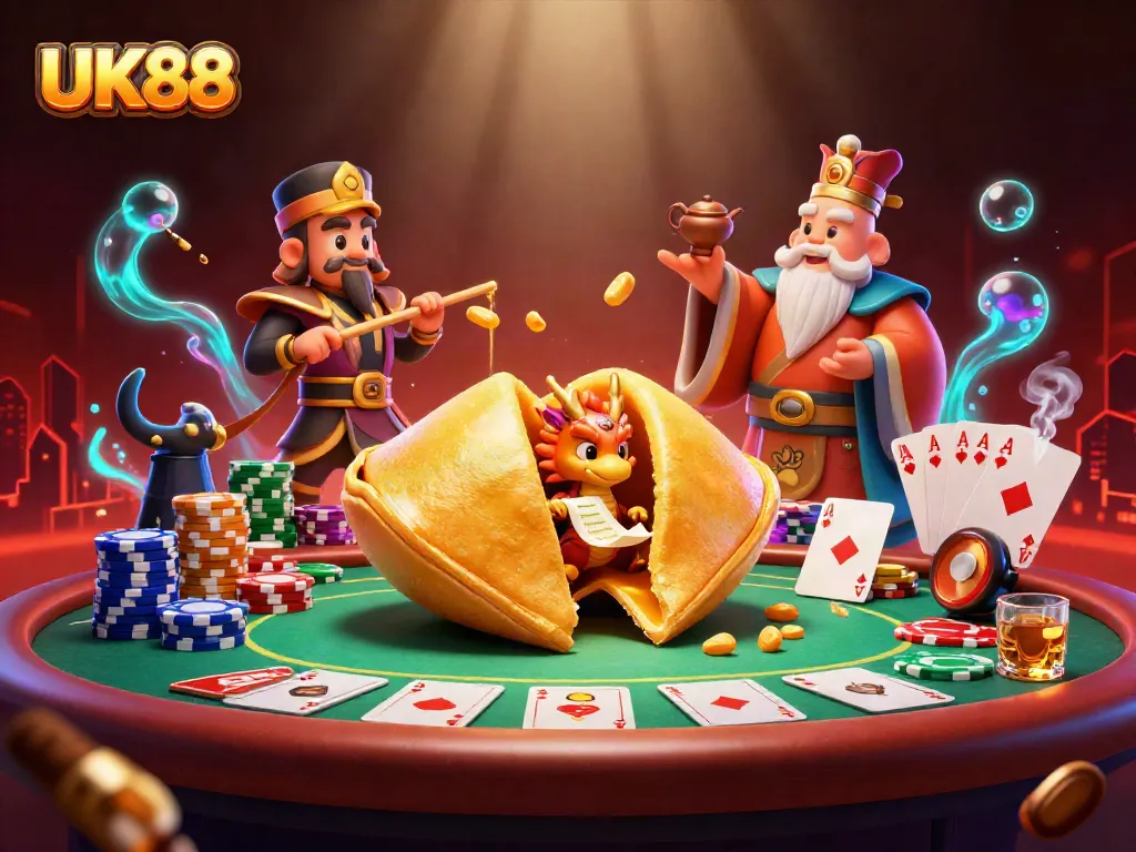 Engage with UK88's vibrant casino scene, showcasing a golden fortune cookie and poker elements.