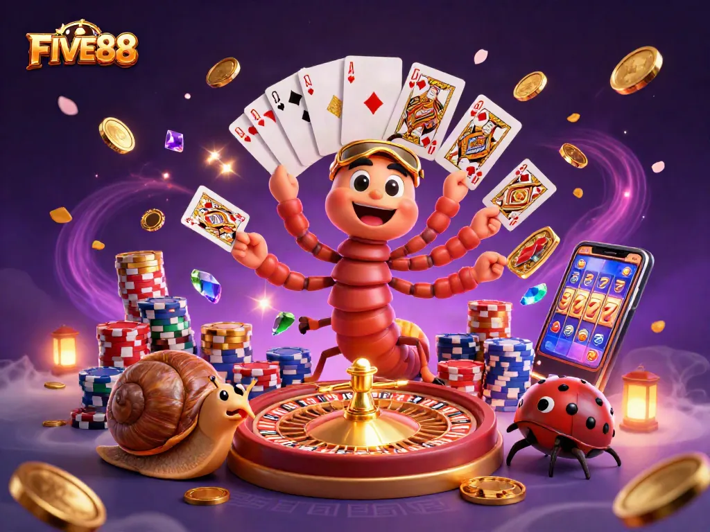 Experience thrilling gameplay at FIVE88 with vibrant casino elements and animated characters.