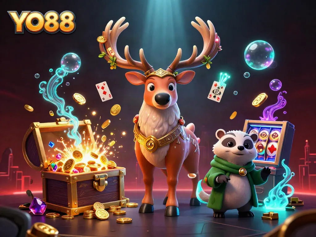 Engage in thrilling gaming experiences at YO88 with vibrant slot reels and enchanting characters.