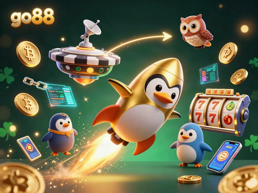 Join the go88 adventure with a golden penguin racing to the casino, surrounded by coins and crypto!