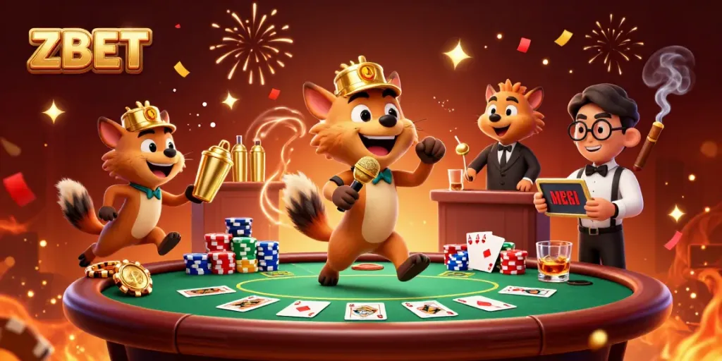 ZBET promotes excitement in a vibrant cartoon casino scene featuring hyenas enjoying poker.