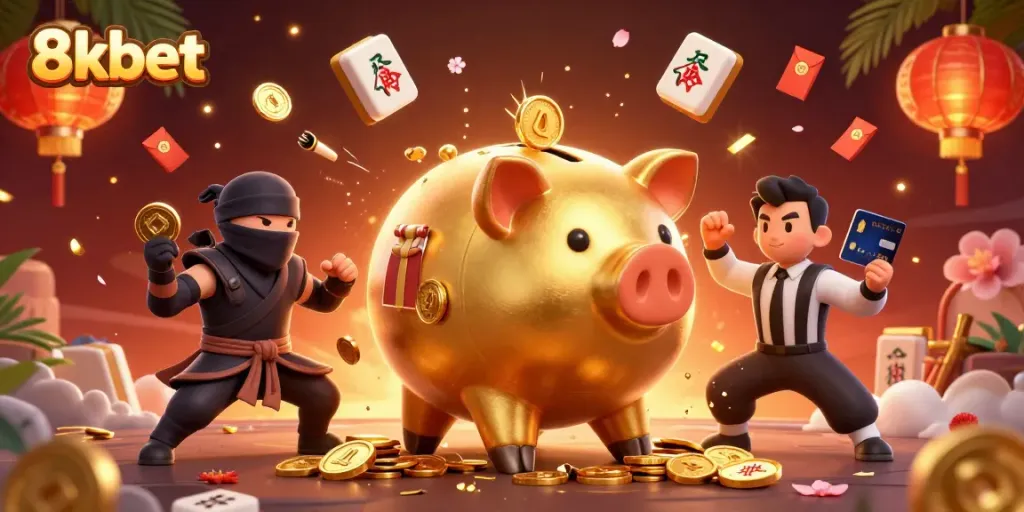 Experience thrilling gameplay with 8xbet's vibrant casino atmosphere featuring golden piggy bank and dynamic game elements.