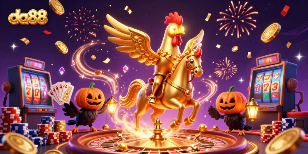 Experience the excitement of da88 with a golden rooster in a magical casino scene.