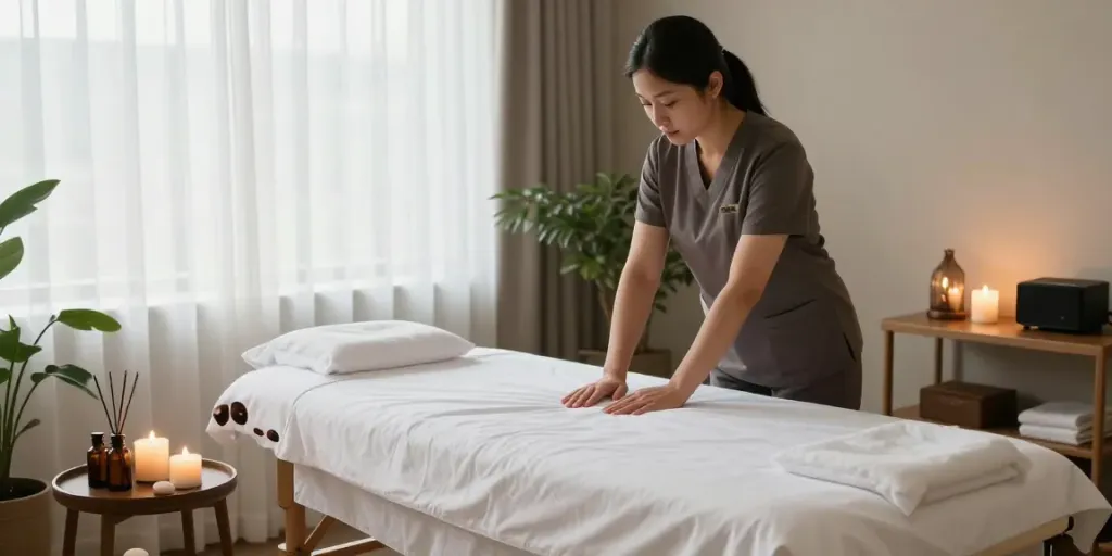 Massage near me Burlington in a serene therapy room with tranquil ambiance and relaxing decor.