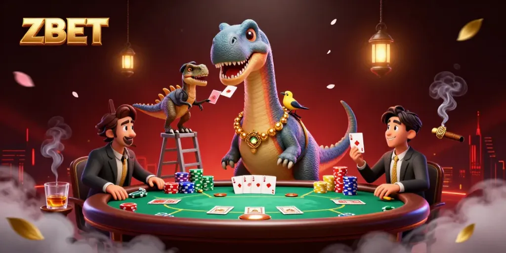 ZBET's vibrant casino scene includes a towering brontosaurus and clever raptor at a lively poker table.