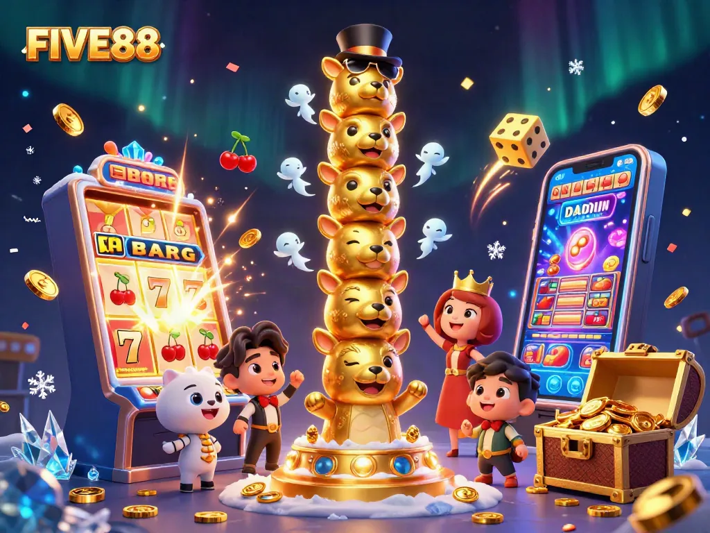 Spin and win at FIVE88 with vibrant casino action, featuring animated totem and slot machine visuals.