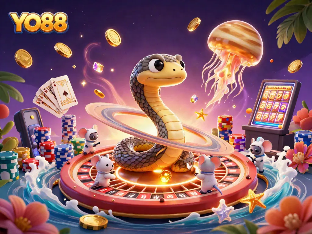 Spin the YO88 roulette wheel with astronaut mice betting in this vibrant casino scene.