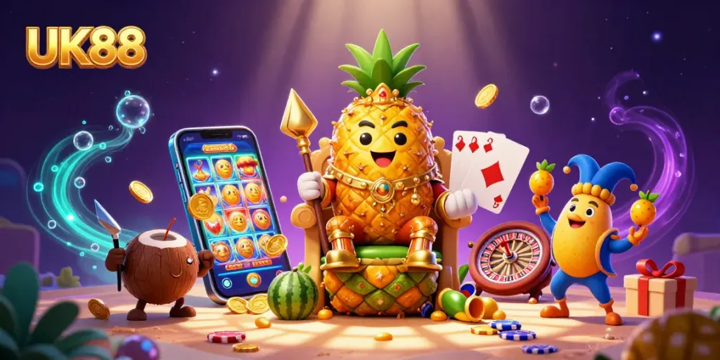 Experience the excitement of UK88 casino gaming with a dynamic scene featuring a golden pineapple king and vibrant game elements.