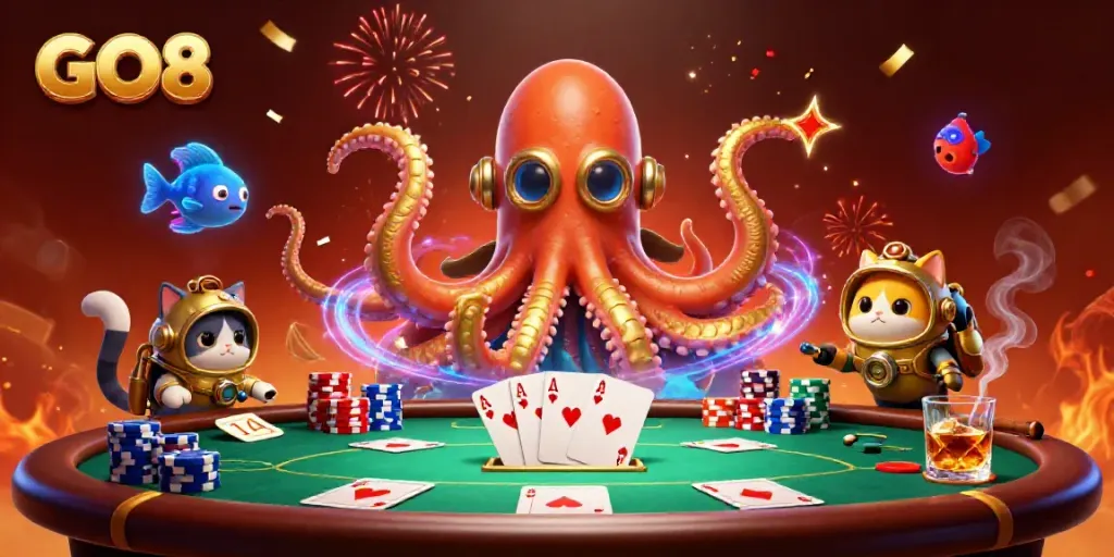 Experience the thrill of GO8 with a dynamic casino scene featuring a kraken, diving cat, and poker elements.