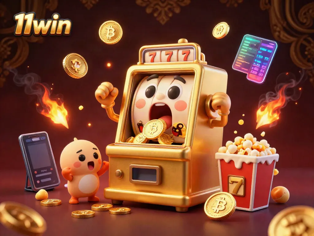 Experience the thrill of 11win with a golden slot machine celebrating a jackpot in an engaging casino illustration.