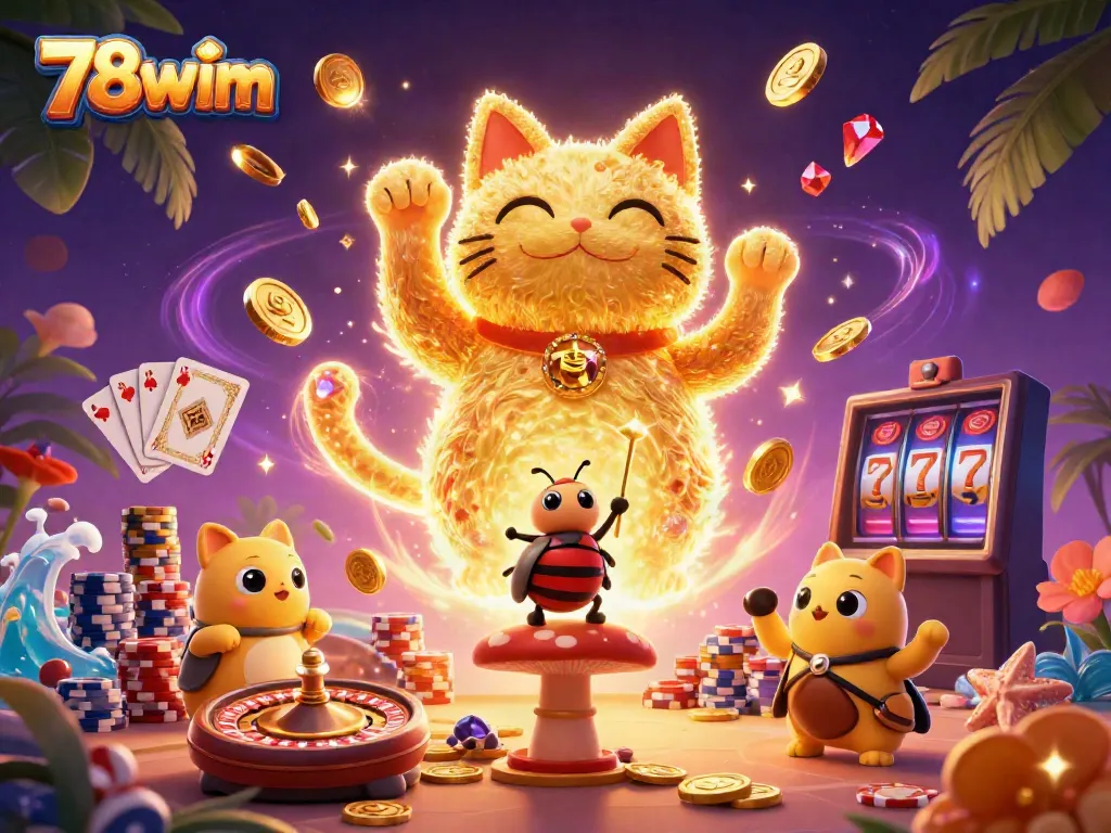 Engage in thrilling gameplay with 78wim's vibrant casino scene featuring lucky symbols and golden riches.