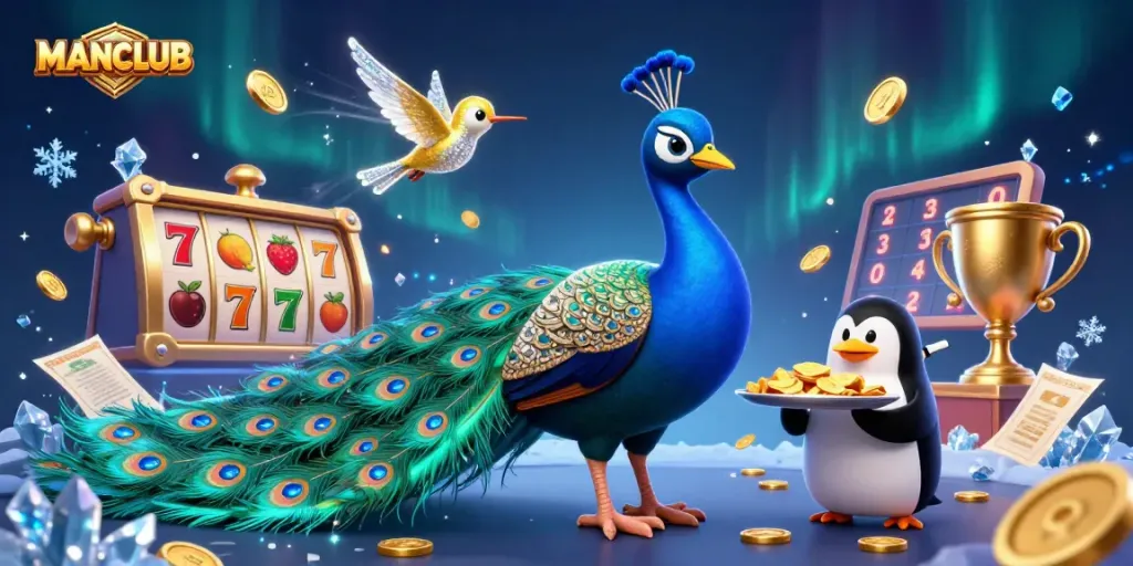 Play exciting casino games at MANCLUB, featuring vibrant slot reels and glamorous characters.