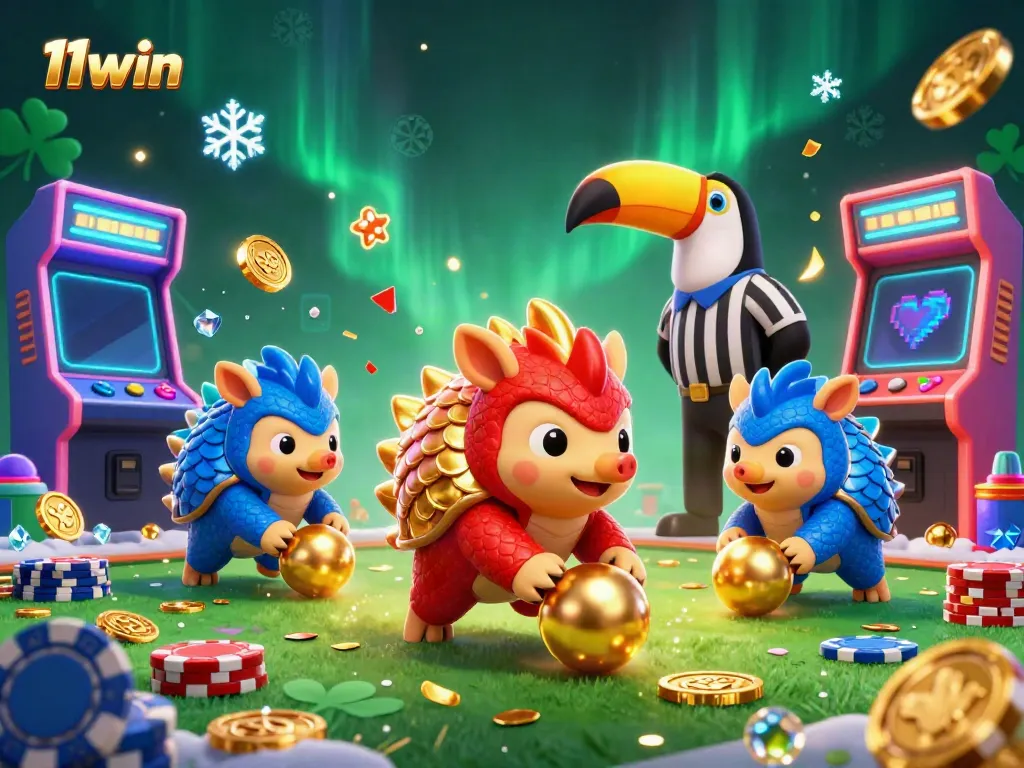 11win pangolins compete while rolling golden balls through poker chips in a vibrant casino scene.