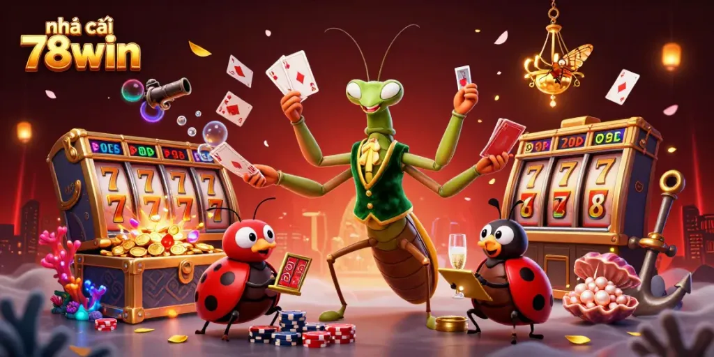 Engaging scene showcasing nhà cái 78win with a mantis dealer, slot reels, and a ladybug pit boss amidst excitement.