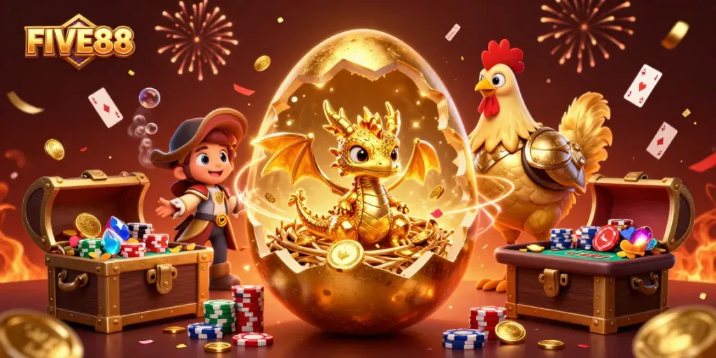 Engage with winning strategies at FIVE88, showcasing a captivating dragon and poker chips illustration.