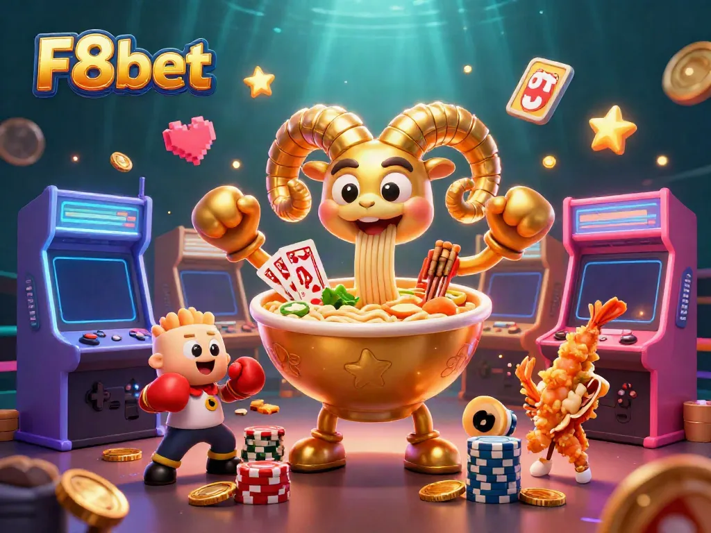 Engage with F8bet's vibrant gaming scene featuring a ramen bowl character and casino elements.