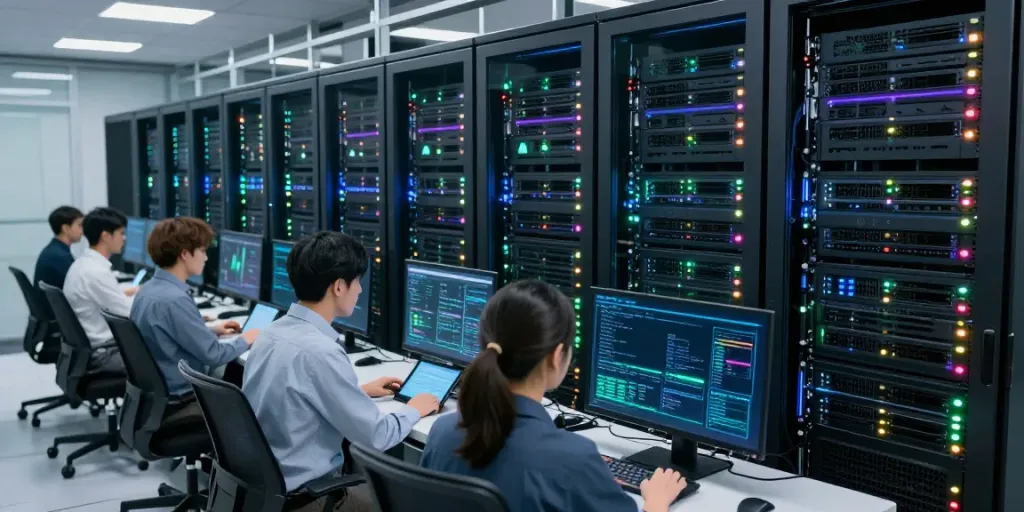 Collaboration marques et créateurs within advanced cloud computing technology setting with engineers and data visualizations.