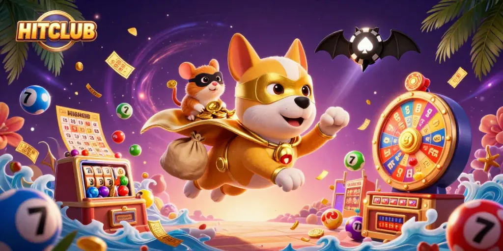 Engage in HITCLUB games with vibrant casino-themed illustrations and animated characters, rich in detail.