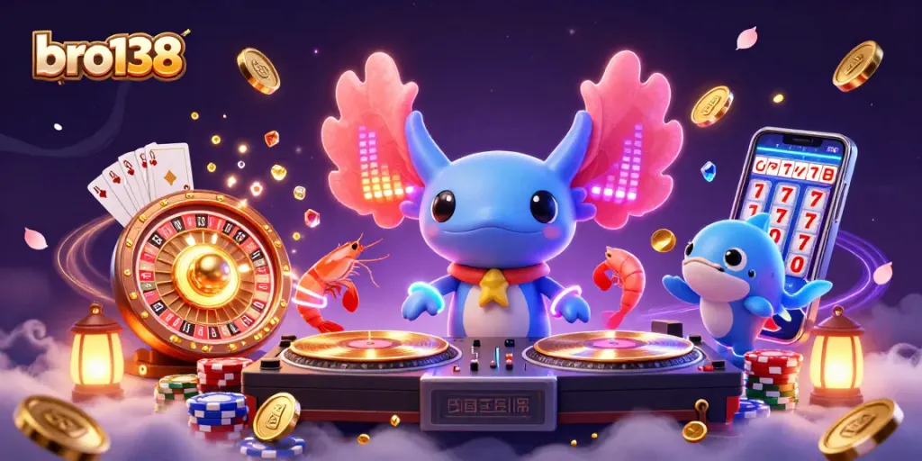 Experience the excitement of bro138 in a vibrant 3D illustration featuring an axolotl DJ, shimmering coins, and a roulette wheel.