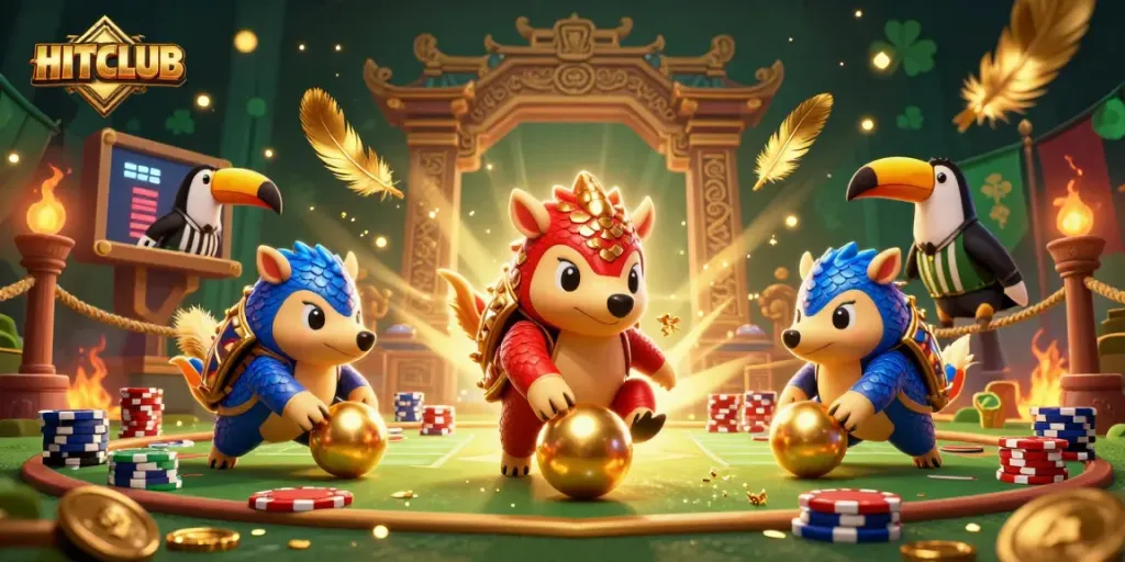 Experience the thrill of HITCLUB as pangolins bowl through poker chips in a vibrant gaming arena.
