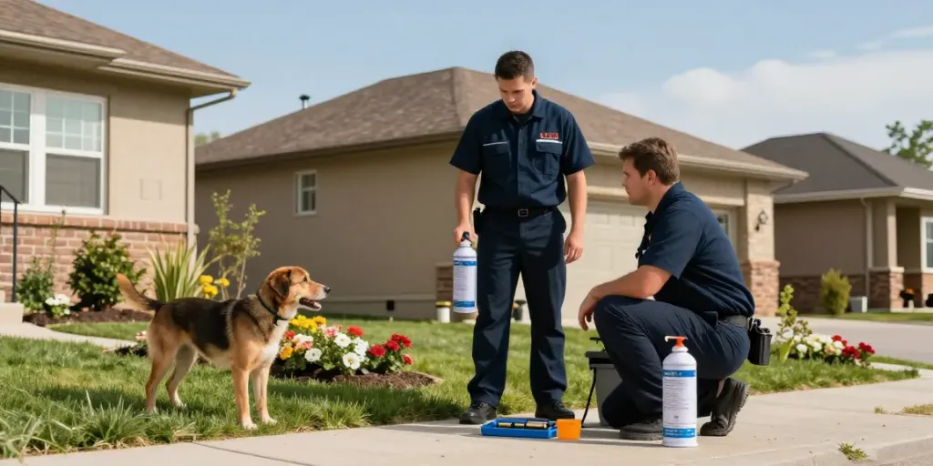 Calgary pest control technician inspecting a home for pests in a friendly neighborhood.