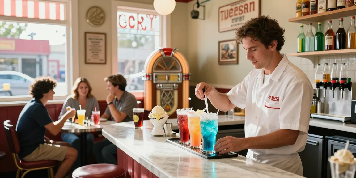 Soda pop floats being prepared at a vintage soda shop counter full of colorful drinks.