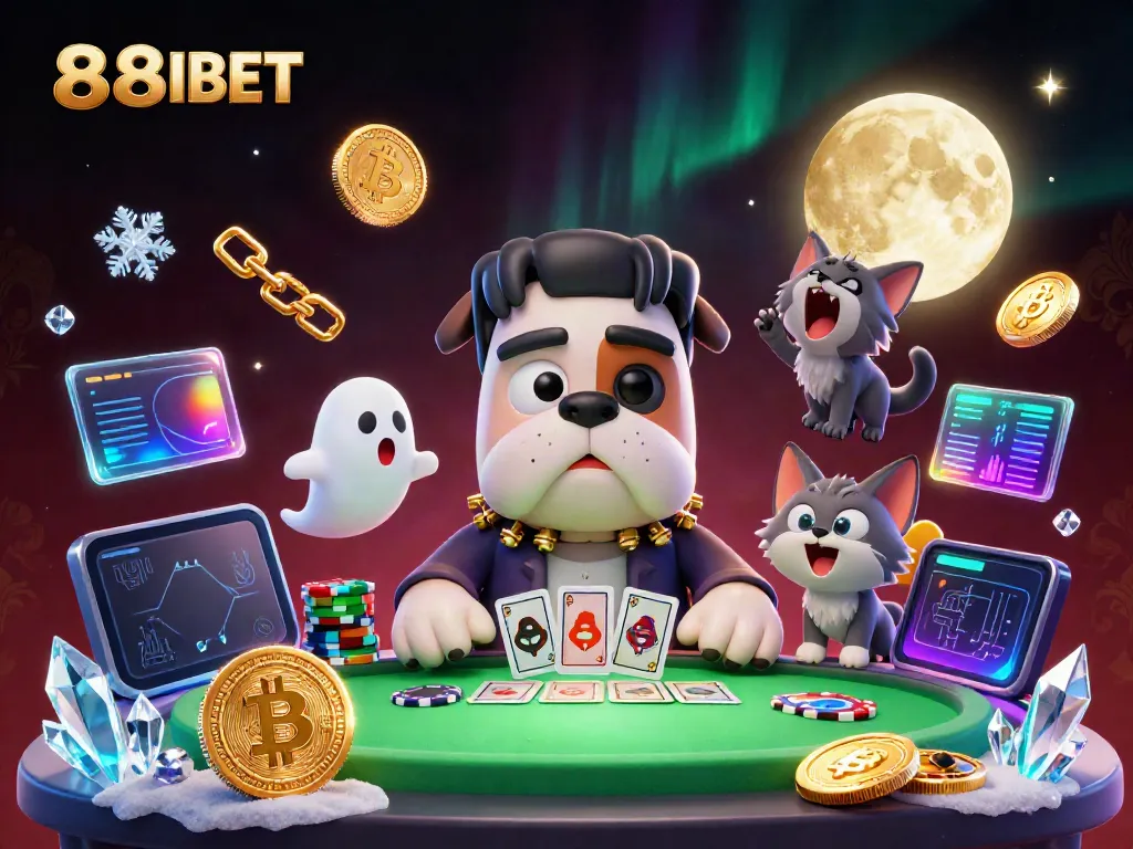 Engage with 88IBET as a Frankenstein bulldog deals cards at a spooky casino table.