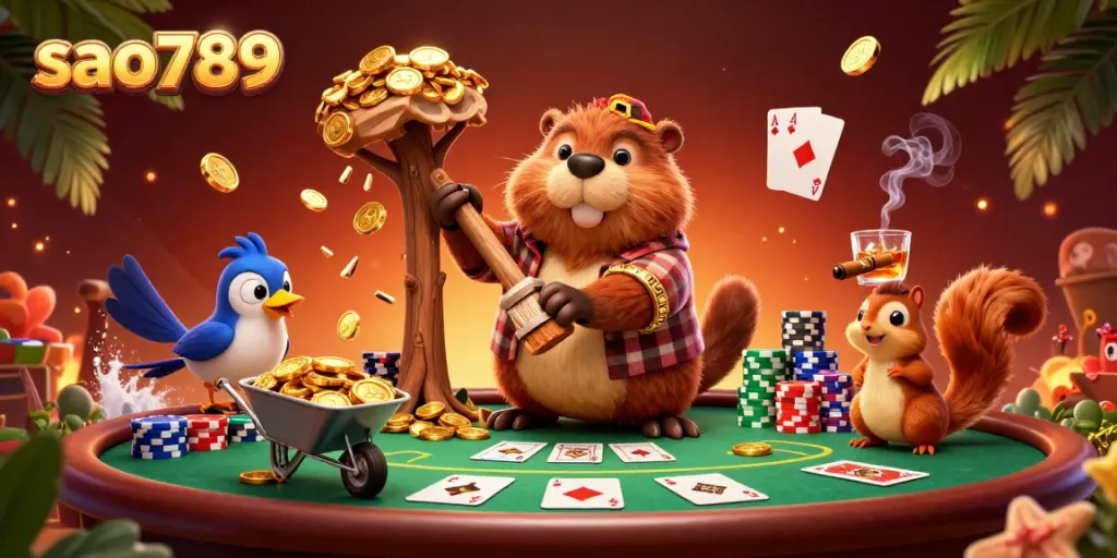 Sao789 features an exciting casino scene with a beaver and friends amidst golden coins and poker elements.