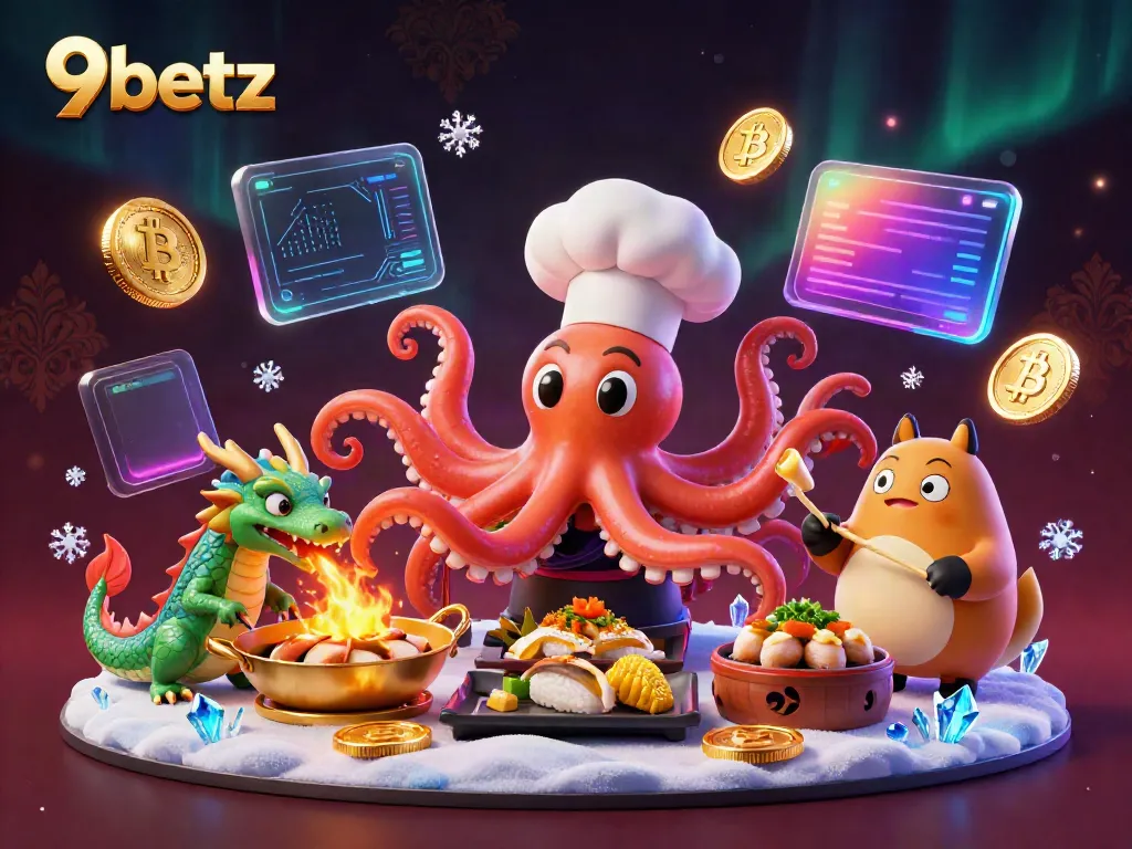 Experience thrilling 9betz gaming moments with a vibrant illustration of an octopus chef and dragon.