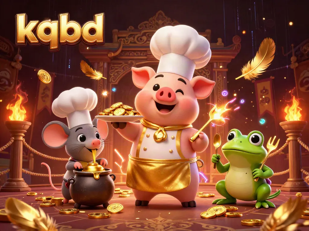 Kqbd showcases live sports betting with a cartoon chef pig and critiquing frog amidst gold coins.