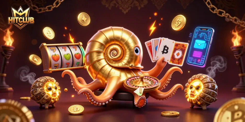 Engage with HITCLUB's immersive 3D casino illustration, featuring vibrant slot reels and glowing crypto elements.